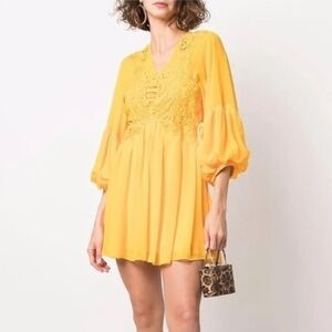 Self-Portrait Chiffon Mini Dress V Neck Embroidered Lantern Sleeve Dress